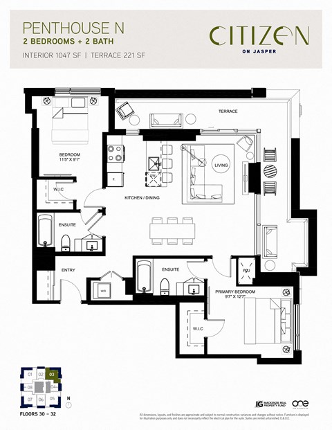Floor plan for 2 beds, 2 baths, 1047 sqft